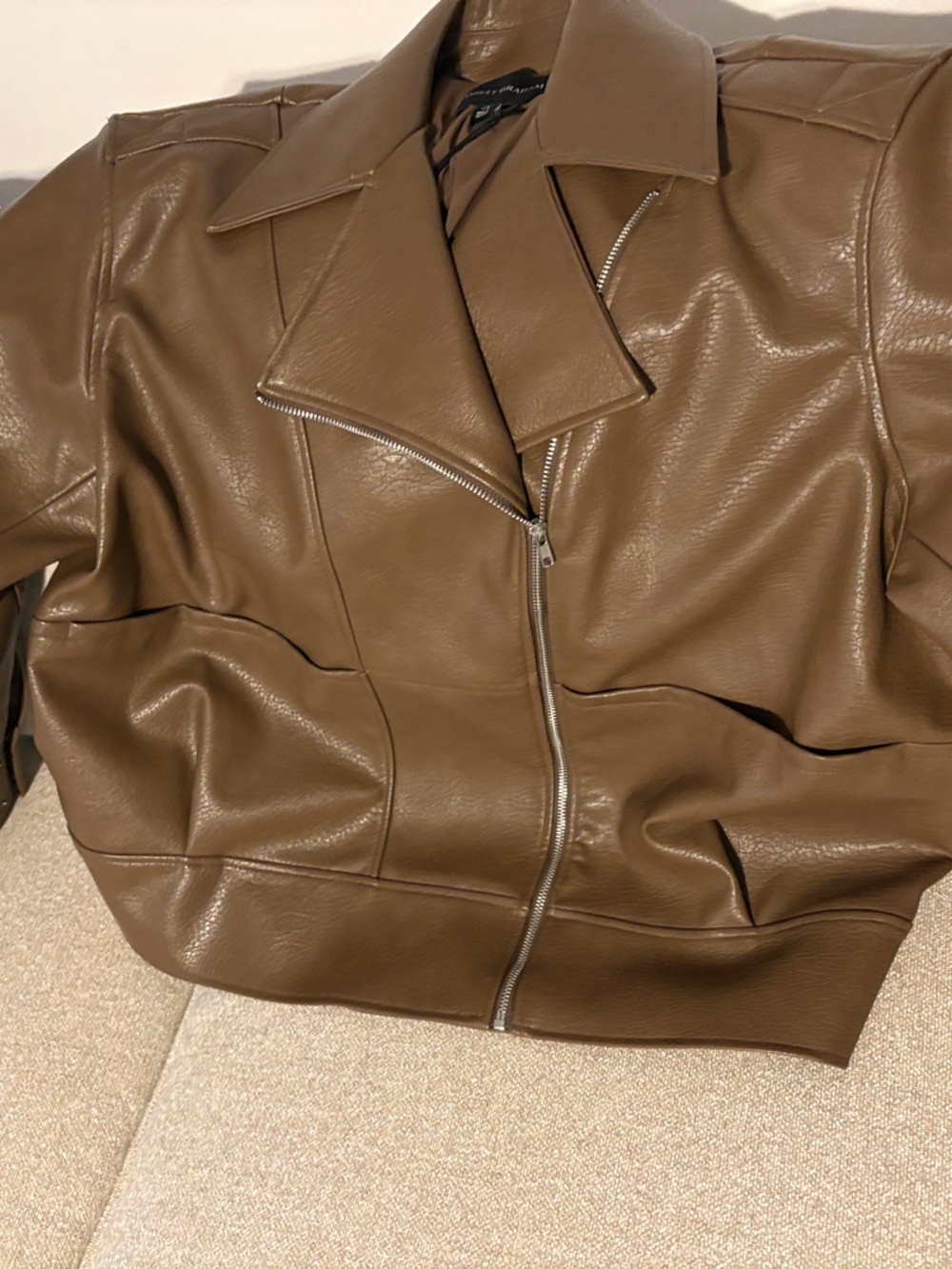 Ashley Graham Light Brown Faux Leather Zip Front Jacket